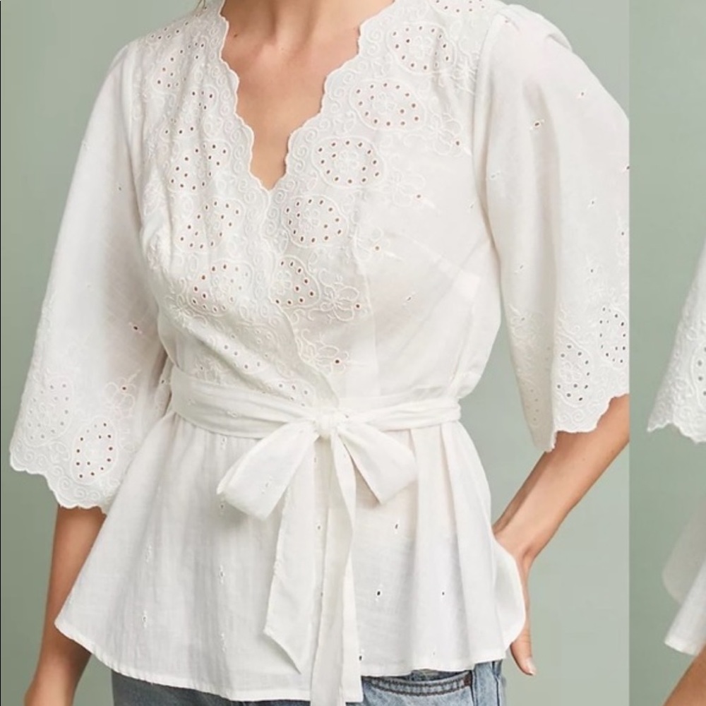 Anthropologie Meadow Rue White Eyelet Tie-Waist Peasant Top Size small